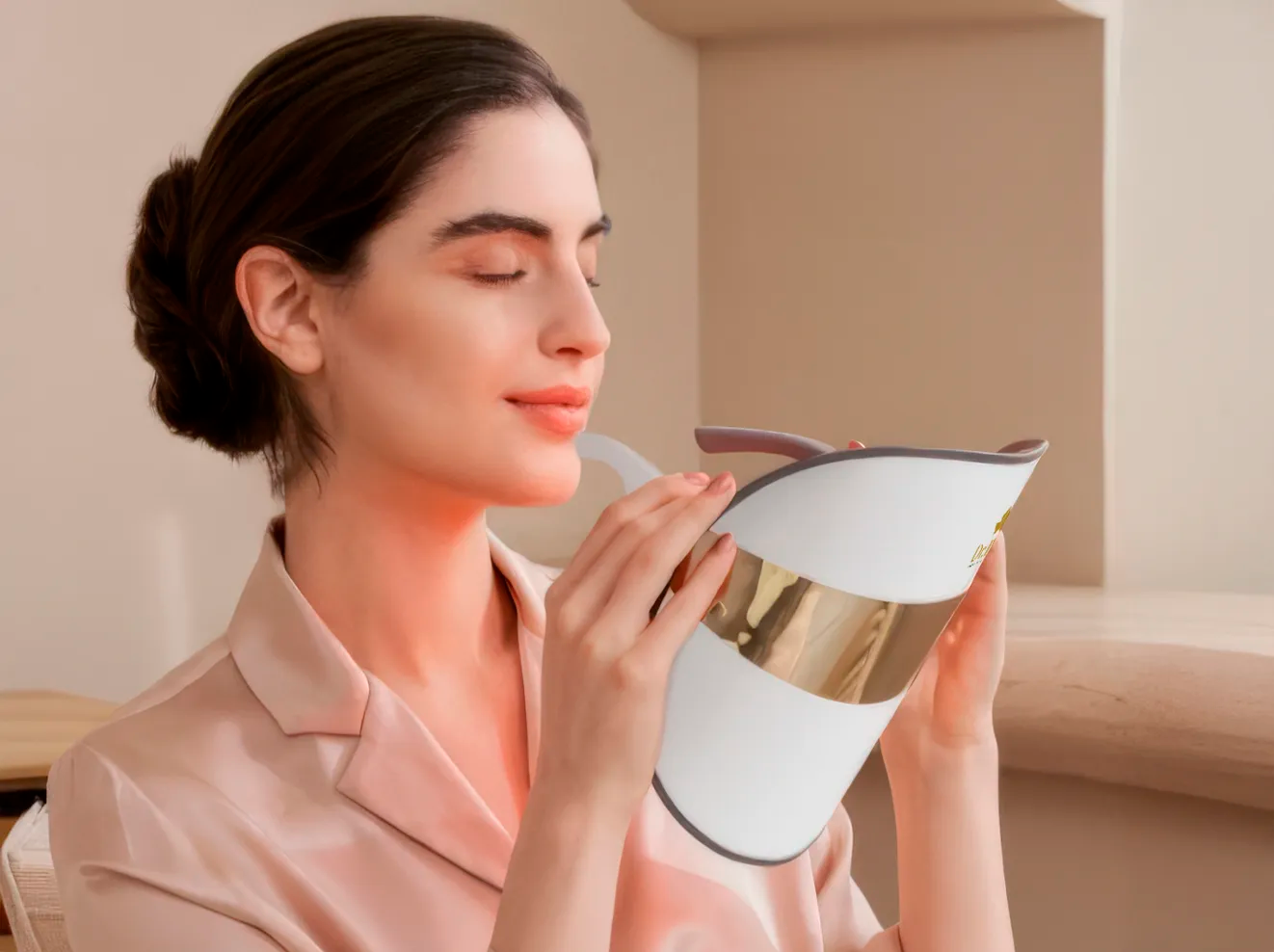 Woman putting on a Dr Ivy Skincare London Regenerative skincare Energy LED Face mask