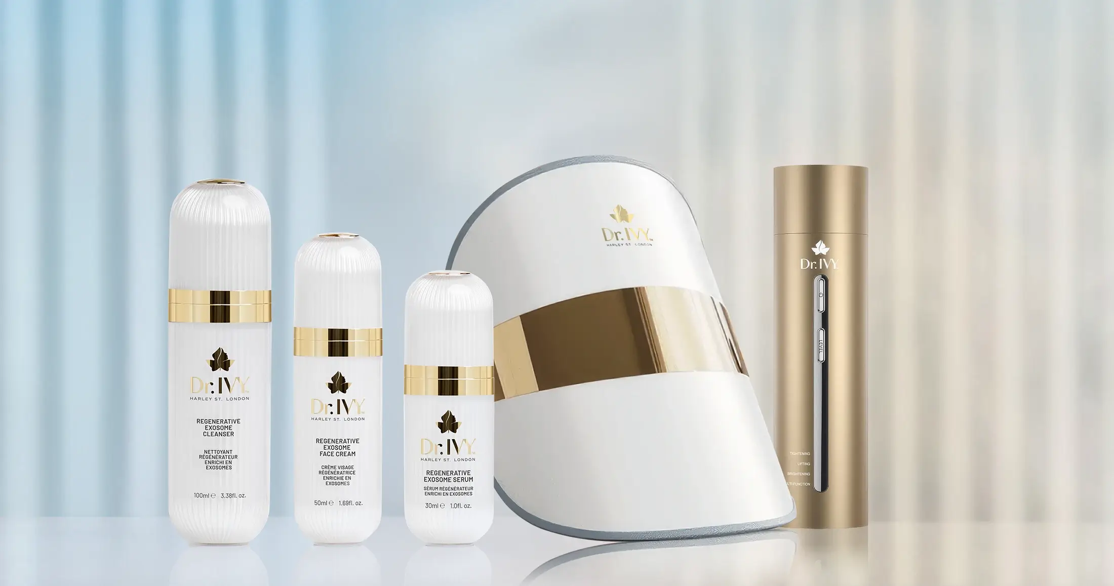 Range of Dr Ivy Skincare London Exosome Regenerative skincare products bio-hacking and Energy LED Face mask and Laser