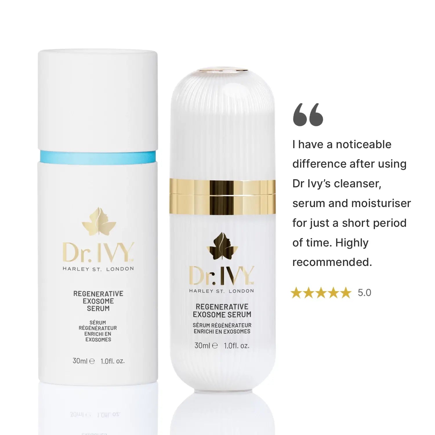 Two bottles of Dr. Ivy serum on a white background with a customer review quote.