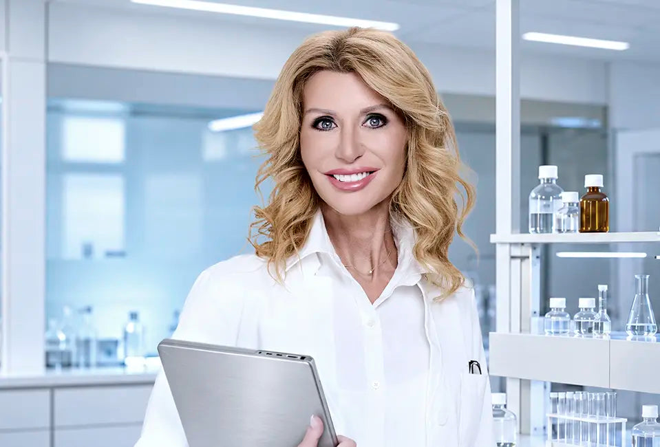 Dr Ivy Skincare founder with blonde hair wearing a white laboratory coat, standing in a modern skincare laboratory surrounded by cosmetic products.