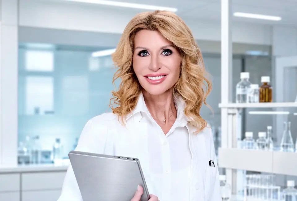 Dr Ivy Skincare founder with blonde hair wearing a white laboratory coat, standing in a modern skincare laboratory surrounded by cosmetic products.