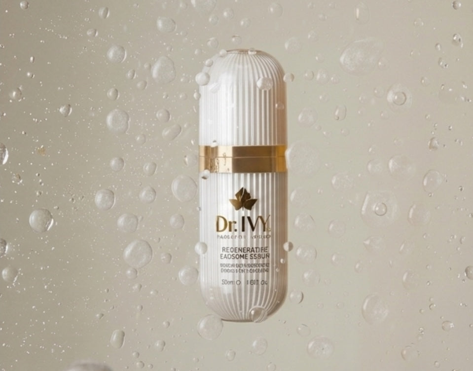 Dr Ivy Regenerative Exosome Serum with a rain of clear serum droplets on a white background.