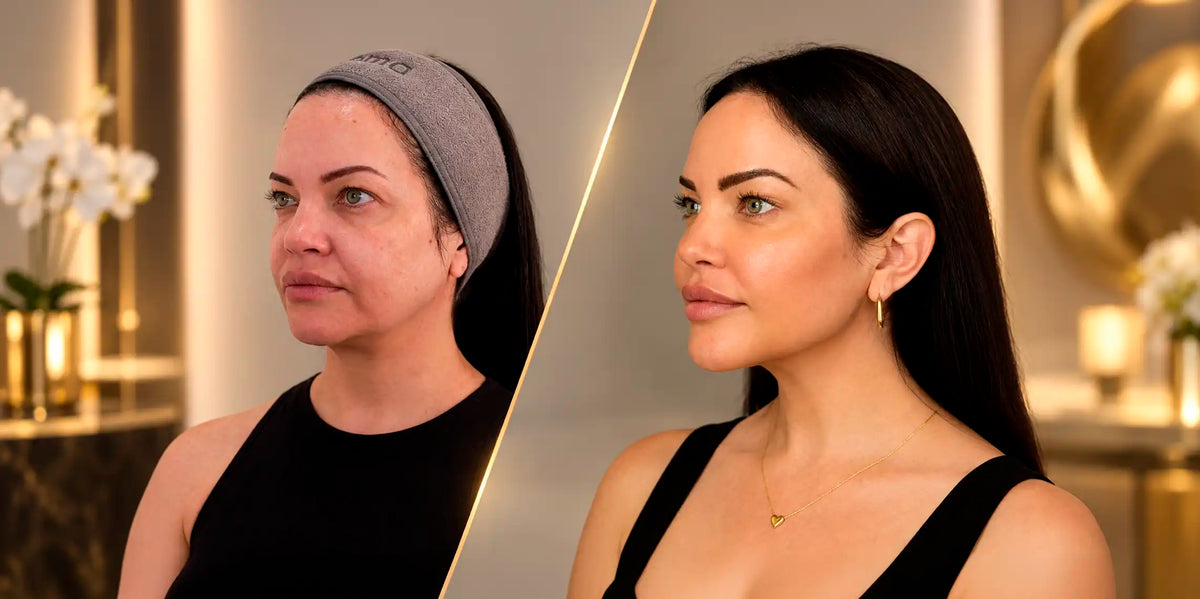 Side-by-side facial portraits illustrating Dr Ivy’s FaceDesign approach to a liquid facelift