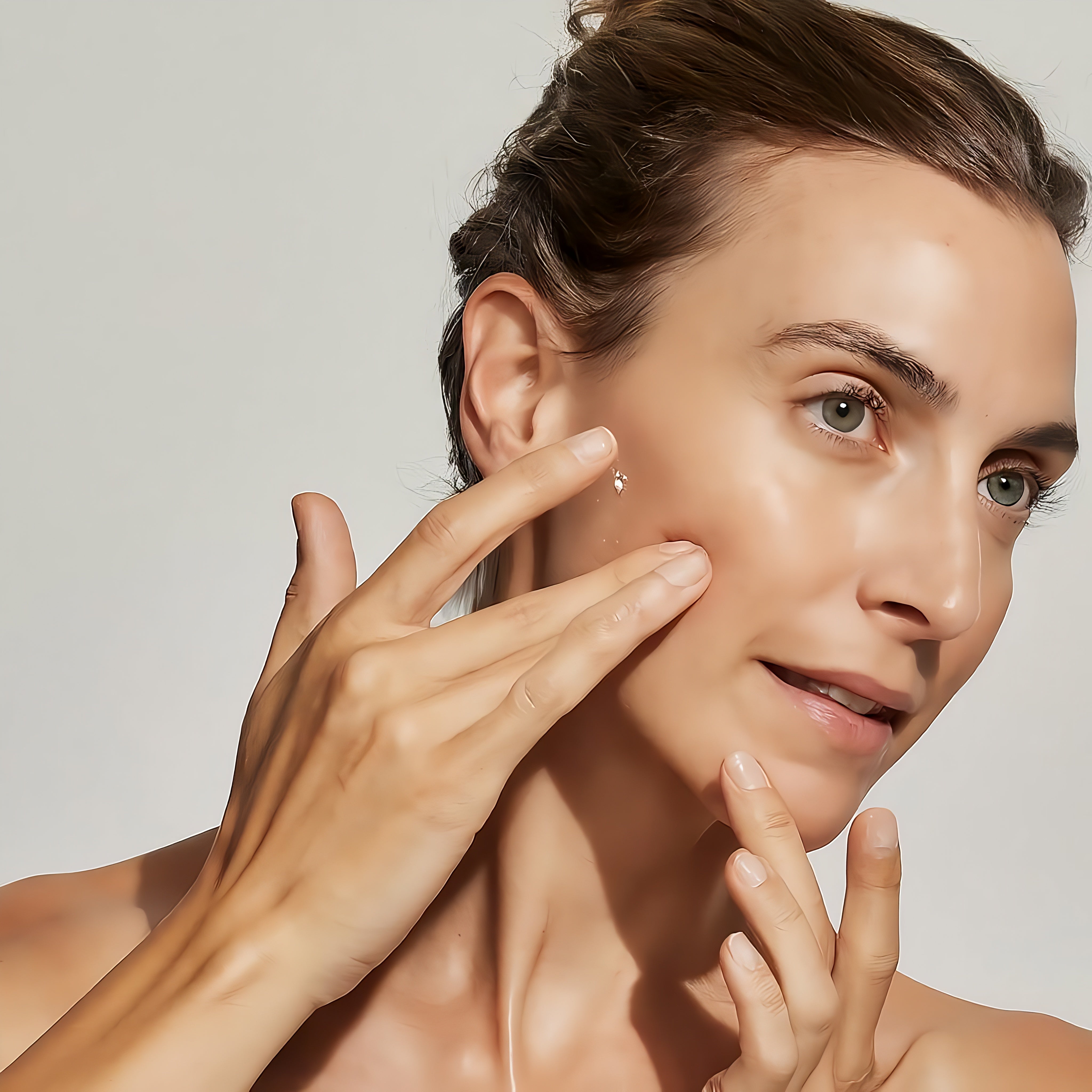 A few drops of Exosomes serum being pressed onto the face with the palms, after cleansing and before moisturiser
