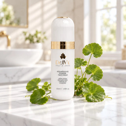 Dr Ivy Regenerative Exosome Face Cream 50ml with Centella asiatica leaves on a white marble bathroom worktop.