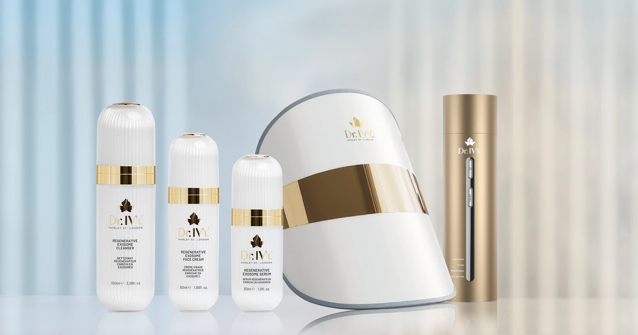 Range of Dr Ivy Skincare London Exosome Regenerative skincare products bio-hacking and Energy LED Face mask and Laser